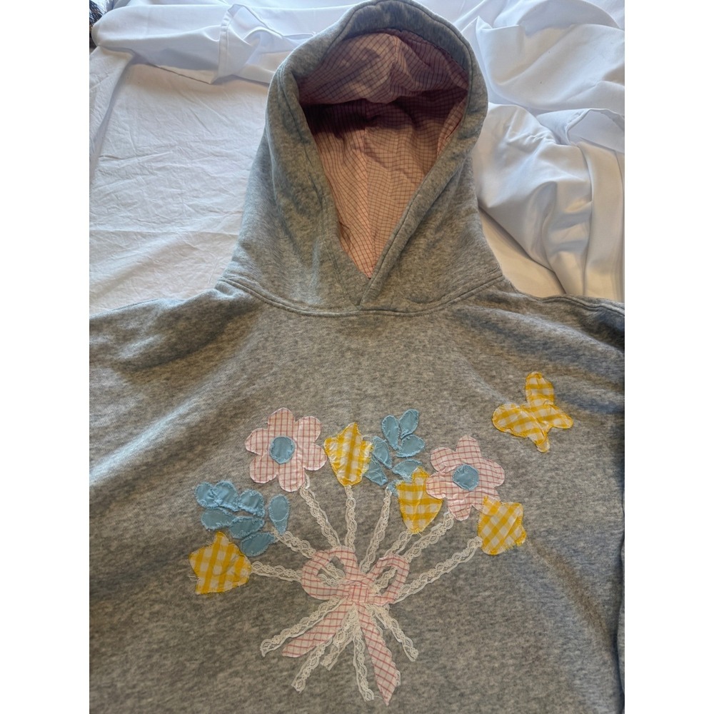 XL plus sized grannie Gray Hoodie Floral Gingham Lace Applique Cottagecore XL